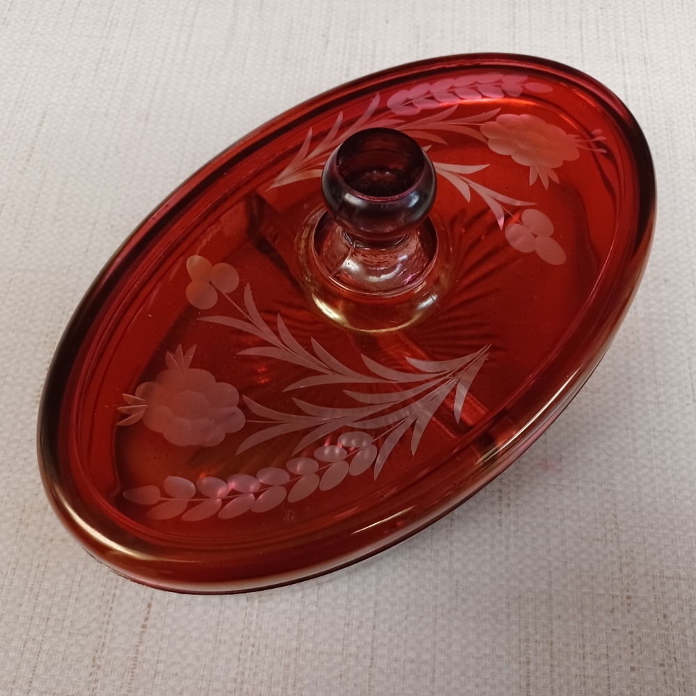 Vintage Red MCM Glass floral Candy Dish